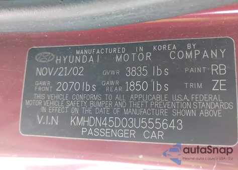 2003 Hyundai Elantra Gls/Gt из США, поврежденный, VIN KMHDN45D03U555643